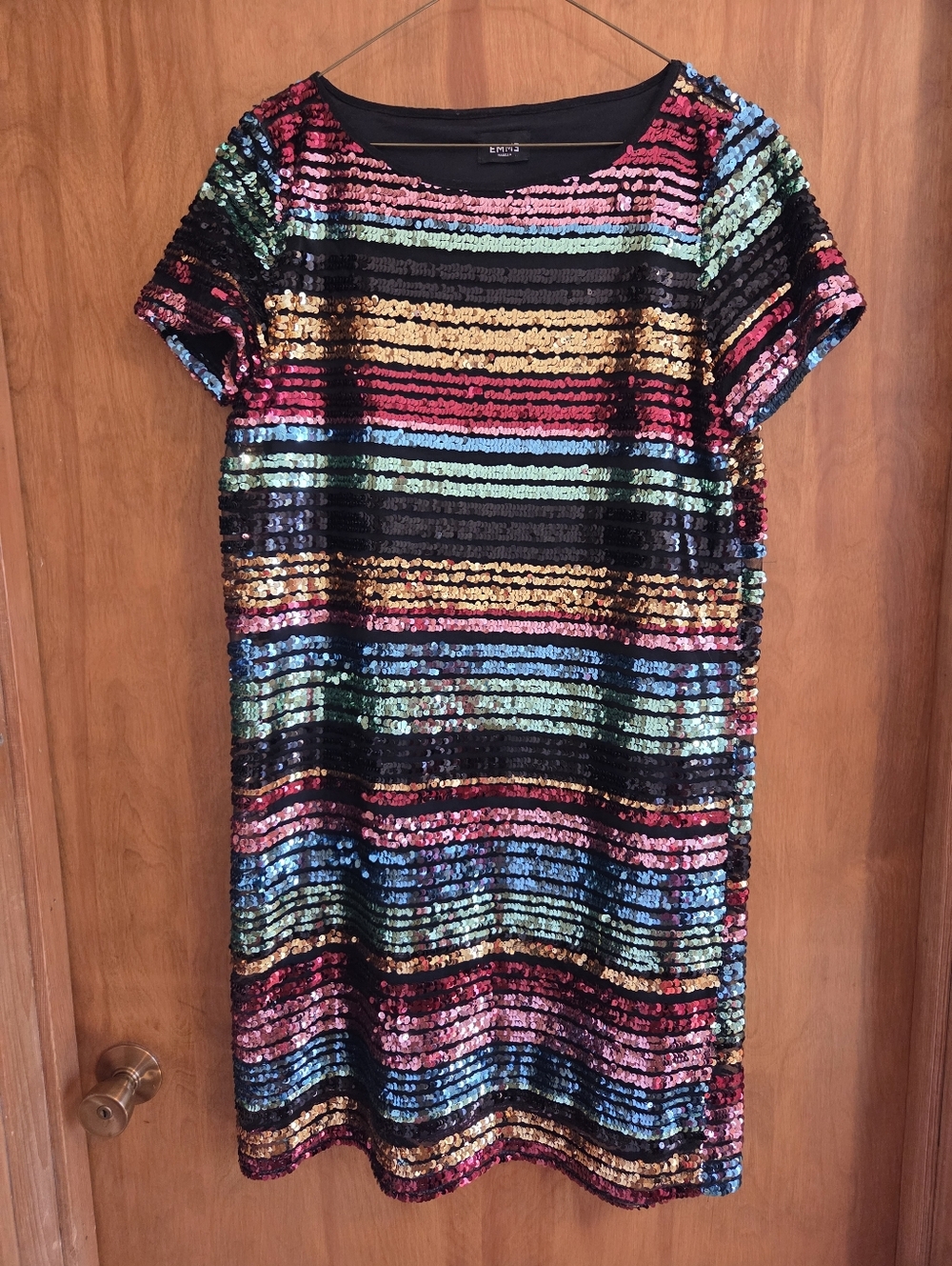 EMME MARELLA Multicolor Sequin Stripe Shift Dress Short Sleeve Mini Women Size 8